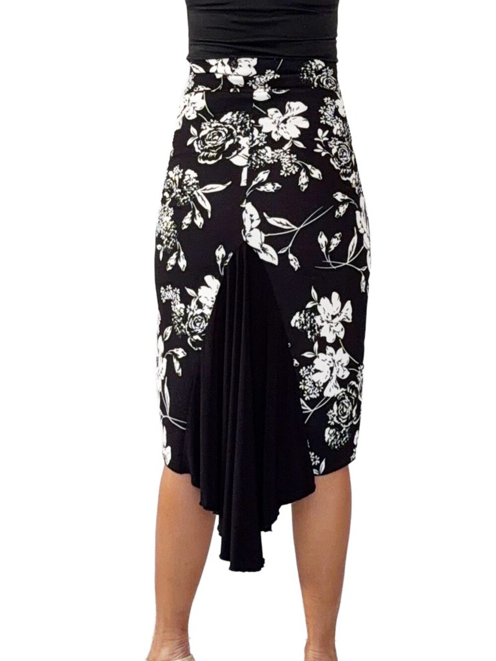 Argentine Tango skirt with fishtail insert. Black white Floral  size-XS